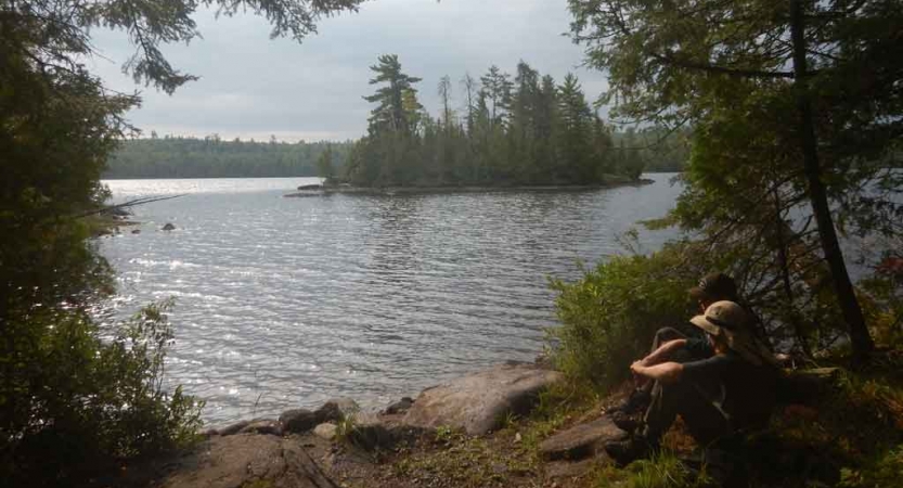 two people sit beside the shore of a lake and look toward a tree-lined island